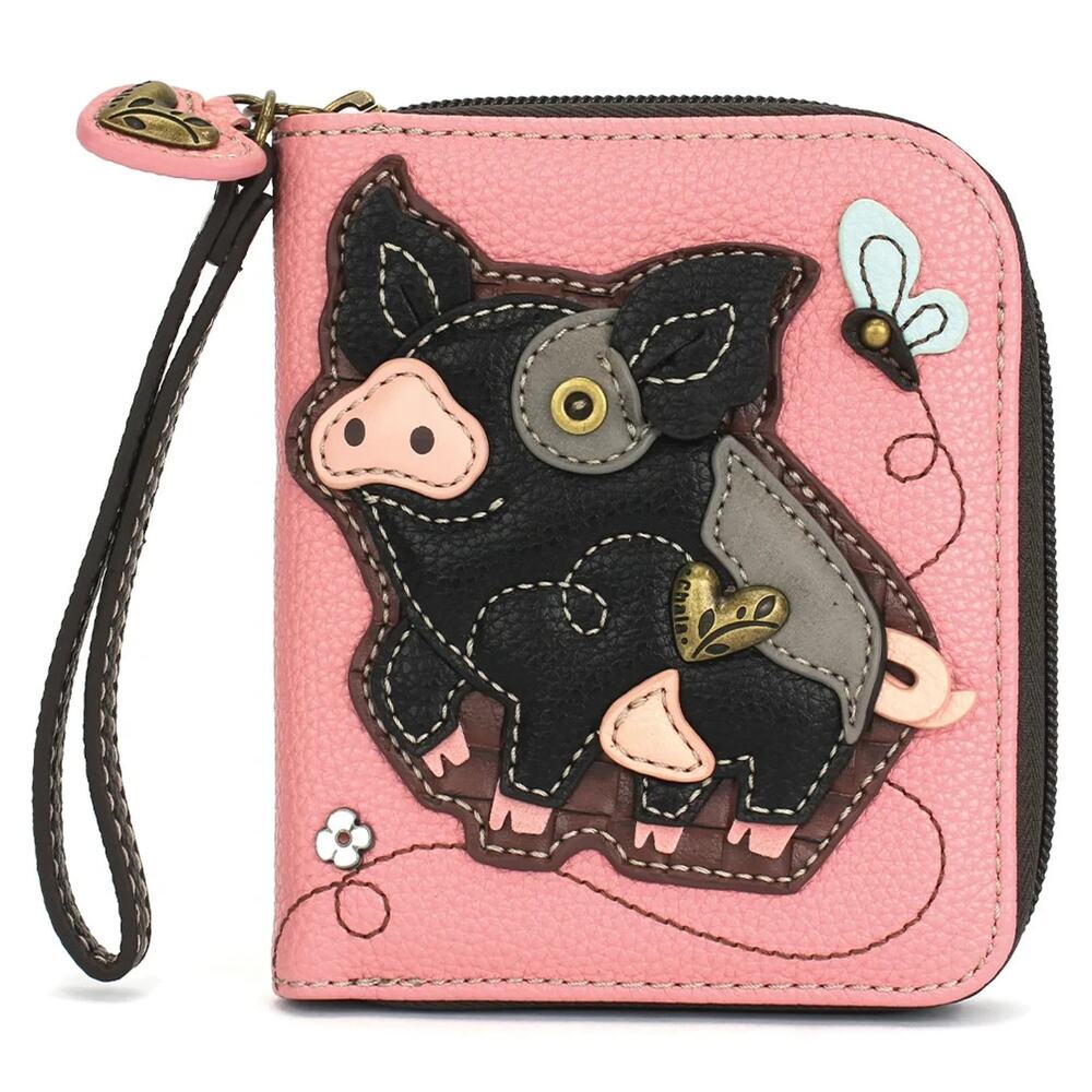 Chala Faux Leather Zip Credit Card Wallet Wristlet - Spotted Black Pig, Pink NWT